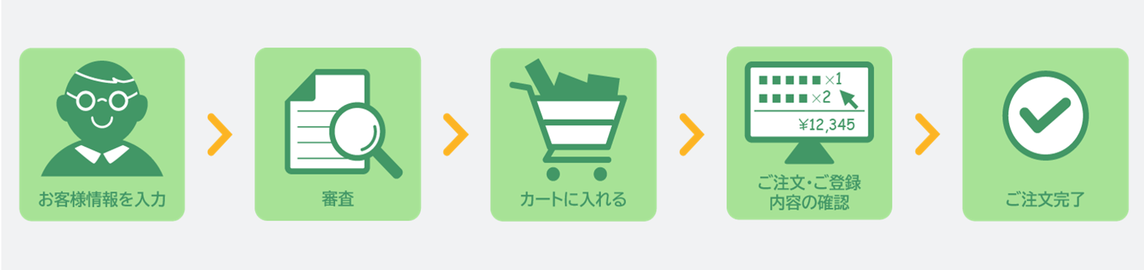 お客様情報を入力→審査→カートに入れる→ご注文・ご登録内容の確認→ご注文完了